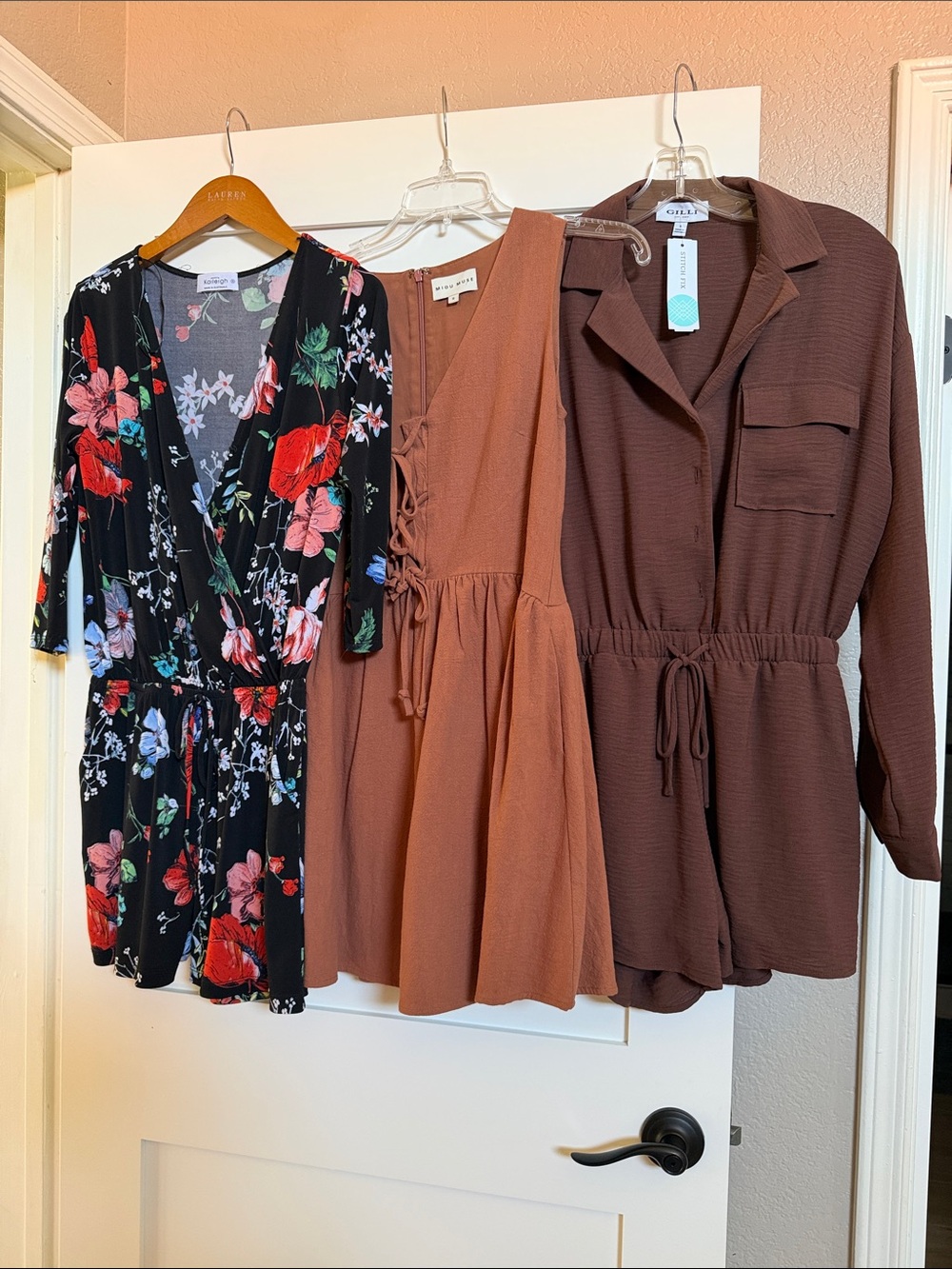 🍁20% off Fall Bundle🍁 Floral Black Romper, Brown Romper, Rust Tie Front Dress